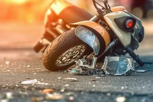 A scooter lays on the ground after being hit by a car in the middle of a city street. Road accident concept. Generative AI photo