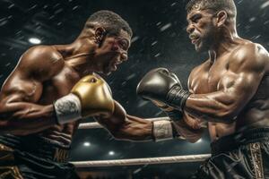 acción disparo, boxeadores en un boxeo anillo puñetazos cada otro con escupir en el aire. generativo ai foto