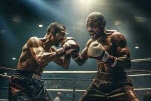 acción disparo, boxeadores en un boxeo anillo puñetazos cada otro con escupir en el aire. generativo ai foto