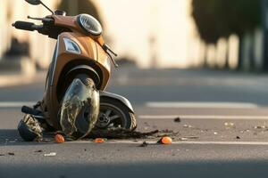 un scooter pone en el suelo después siendo golpear por un coche en el medio de un ciudad calle. la carretera accidente concepto. generativo ai foto