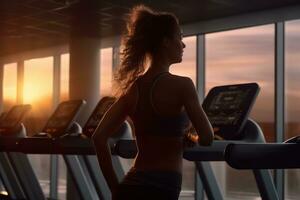 mujer corriendo en un rueda de andar a gimnasio con puesta de sol en antecedentes. generativo ai foto