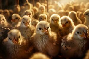 Lot of little chickens in a poultry farm. Generative AI photo