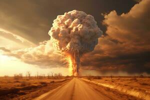 Terrible Hydrogen bomb explosion. Nuclear bomb explosion with a mushroom cloud, weapon of mass destruction. Generative AI photo