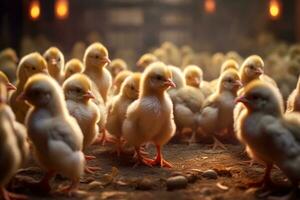 Lot of little chickens in a poultry farm. Generative AI photo