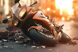A motorcycle lays on the ground after being hit by a car in the middle of a city street. Road accident concept. Generative AI photo