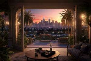 A luxurious penthouse balcony with a pool overlooking Los Angeles, showcasing the iconic skyline, palm trees, and a breathtaking sunset, creating a serene and elegant ambiance. Generative AI photo