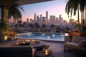 A luxurious penthouse balcony with a pool overlooking Los Angeles, showcasing the iconic skyline, palm trees, and a breathtaking sunset, creating a serene and elegant ambiance. Generative AI photo