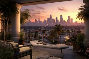 A luxurious penthouse balcony with a pool overlooking Los Angeles, showcasing the iconic skyline, palm trees, and a breathtaking sunset, creating a serene and elegant ambiance. Generative AI photo