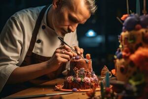 A pastry chef meticulously decorating a beautifully crafted cake, showcasing the intricate details and creativity involved in pastry artistry. Generative Ai photo