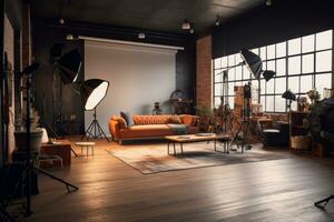 A well-equipped photo studio with state-of-the-art cameras, lighting setups, and props, showcasing the tools necessary for high-quality photography. Generative AI
