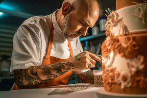 A pastry chef meticulously decorating a beautifully crafted cake, showcasing the intricate details and creativity involved in pastry artistry. Generative Ai photo