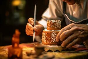 A pastry chef meticulously decorating a beautifully crafted cake, showcasing the intricate details and creativity involved in pastry artistry. Generative Ai photo