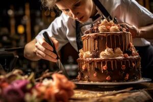 A pastry chef meticulously decorating a beautifully crafted cake, showcasing the intricate details and creativity involved in pastry artistry. Generative Ai photo