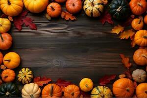 Flat lay of many colorful pumpkins and maple leaves frame on wooden background with copy space. Generative AI photo