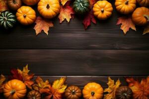 Flat lay of many colorful pumpkins and maple leaves frame on wooden background with copy space. Generative AI photo