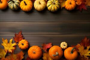 Flat lay of many colorful pumpkins and maple leaves frame on wooden background with copy space. Generative AI photo