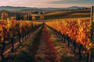 A vineyard in autumn, with rows of colorful grapevines, showcasing the beauty of autumn in wine-producing regions. Generative AI photo