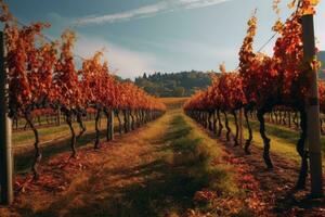 A vineyard in autumn, with rows of colorful grapevines, showcasing the beauty of autumn in wine-producing regions. Generative AI photo