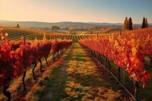 A vineyard in autumn, with rows of colorful grapevines, showcasing the beauty of autumn in wine-producing regions. Generative AI photo