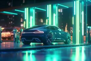Illustration of futuristic electric car in charging station. Generative AI photo