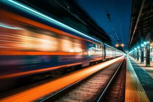 Train passing a high speed by with long exposure trails of light, creating a sense of speed and motion. Generative AI photo
