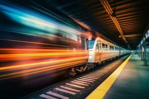 Train passing a high speed by with long exposure trails of light, creating a sense of speed and motion. Generative AI photo