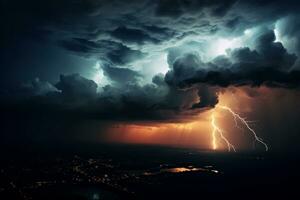 Dystopian sky with dark, brooding clouds, lightning strikes, and an eerie atmosphere, setting the stage for a world on the brink of collapse. Generative Ai photo
