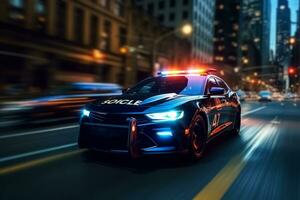 High-speed pursuit scene with a police car chasing criminals through city streets, conveying the excitement and adrenaline of the chase. Generative Ai photo