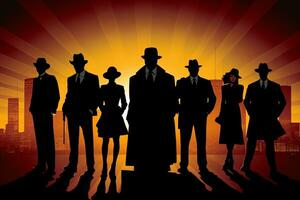 Illustration Silhouettes of gangsters against a backdrop of a cityscape at dusk, evoking the atmosphere of the Prohibition era. Generative AI photo