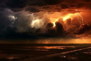 Dystopian sky with dark, brooding clouds, lightning strikes, and an eerie atmosphere, setting the stage for a world on the brink of collapse. Generative Ai photo