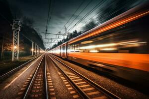 Train passing a high speed by with long exposure trails of light, creating a sense of speed and motion. Generative AI photo