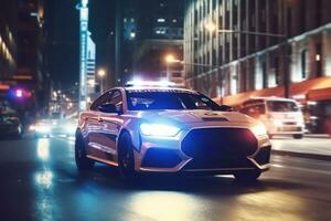 High-speed pursuit scene with a police car chasing criminals through city streets, conveying the excitement and adrenaline of the chase. Generative Ai photo