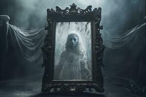 un cautivador imagen retratar el aparición de un fantasmal cara emergente desde un antiguo espejo, simbolizando atrapado espíritu y obsesionado artefactos generativo ai foto