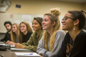 Philosophy Classroom. Diverse Students Engaged in a Thoughtful Discussion Inspired by Aristotle's Teachings. Generative AI photo