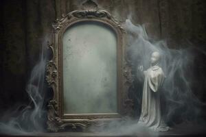 A captivating image portraying the apparition of a ghostly face emerging from an antique mirror, symbolizing trapped spirits and haunted artifacts. Generative Ai photo