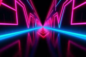 3d render, Abstract panoramic red blue pink neon tunnel background . Generative Ai photo