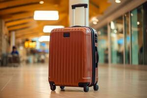 Suitcases with luggage in airport departure lounge with airplane in background. Traveler suitcases in airport terminal waiting area. Generative AI photo