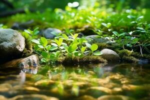 Close up stream of fresh water with young green plants. Spring nature concept. Generative AI photo