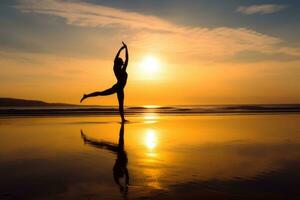 mujer practicando yoga en un sereno playa durante el dorado hora. generativo ai foto