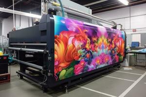 Ultra Wide-format inkjet printer printing machine during production of extreme large print. Generative Ai photo