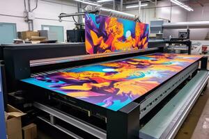 Ultra Wide-format inkjet printer printing machine during production of extreme large print. Generative Ai photo