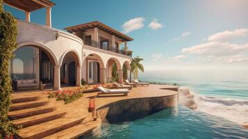 Elegant Spanish-style villa with a private path leading directly to the sandy shores, boasting beautiful terraces, colorful tiles, and a pristine infinity pool. Generative Ai photo