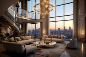 A spacious and opulent living room in a penthouse apartment, featuring high-end furniture, luxurious decor, and panoramic city views. Generative Ai photo