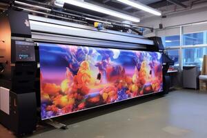 Ultra Wide-format inkjet printer printing machine during production of extreme large print. Generative Ai photo
