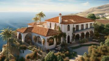 Luxurious American Spanish-style villa nestled on a hilltop, offering panoramic views of the ocean, with terracotta roofs, arched windows, and lush Mediterranean gardens. Generative AI photo