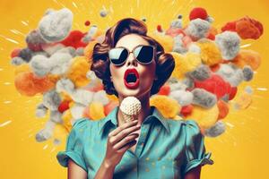 A woman blowing up icecream with her hands, in pop art style. Generative AI photo