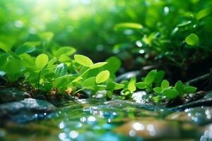 cerca arriba corriente de Fresco agua con joven verde plantas. primavera naturaleza concepto. generativo ai foto