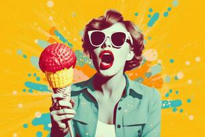 A woman blowing up icecream with her hands, in pop art style. Generative AI photo