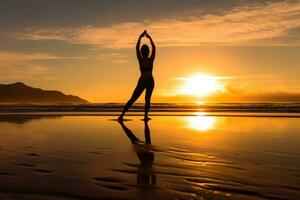 Woman Practicing Yoga on a Serene Beach during the Golden Hour. Generative Ai photo