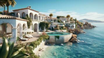 Elegant Spanish-style villa with a private path leading directly to the sandy shores, boasting beautiful terraces, colorful tiles, and a pristine infinity pool. Generative Ai photo